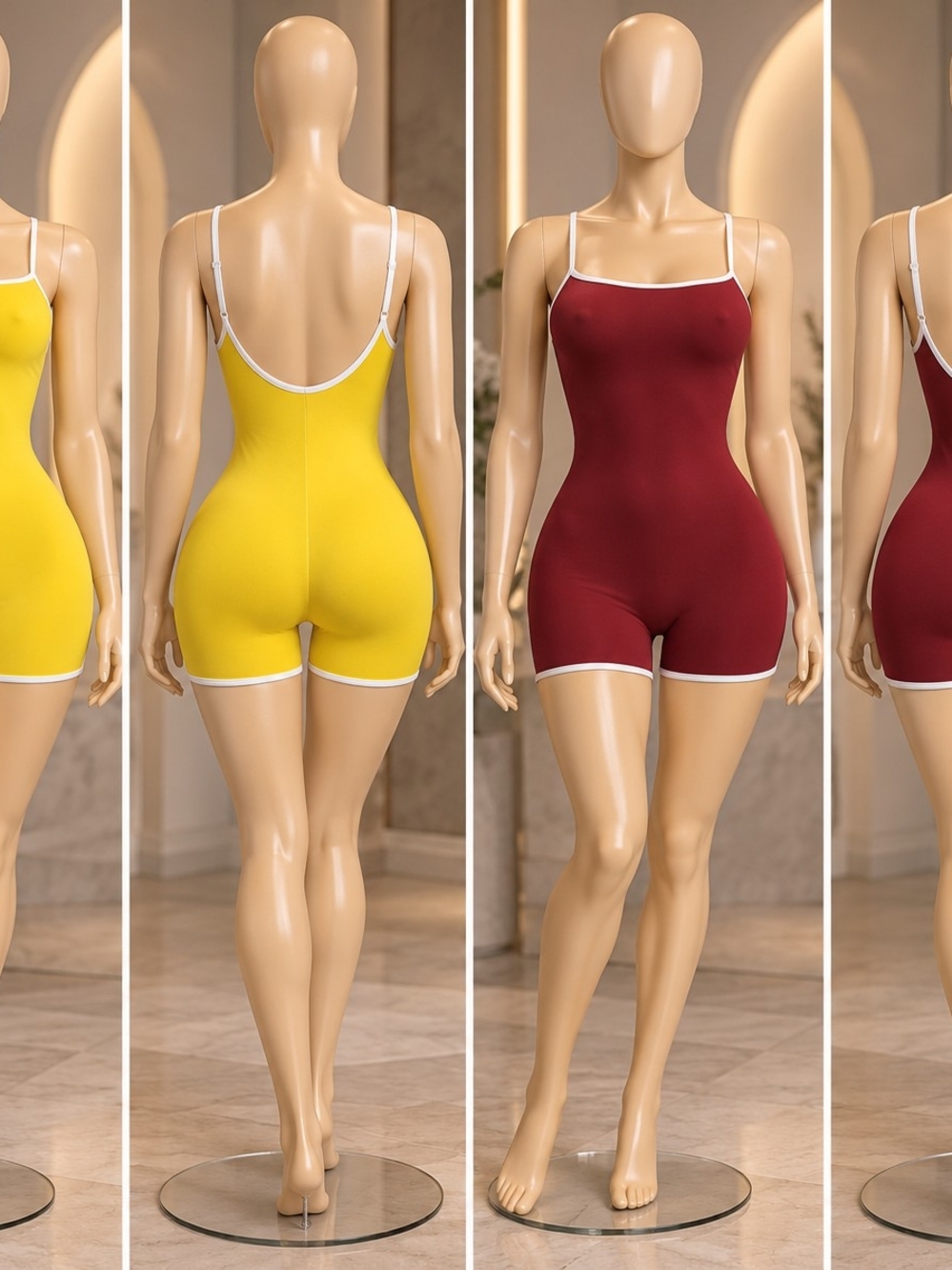 Women’s Seamless Scoop-Back Romper - Yellow & Burgundy , 2 Pieces 38$